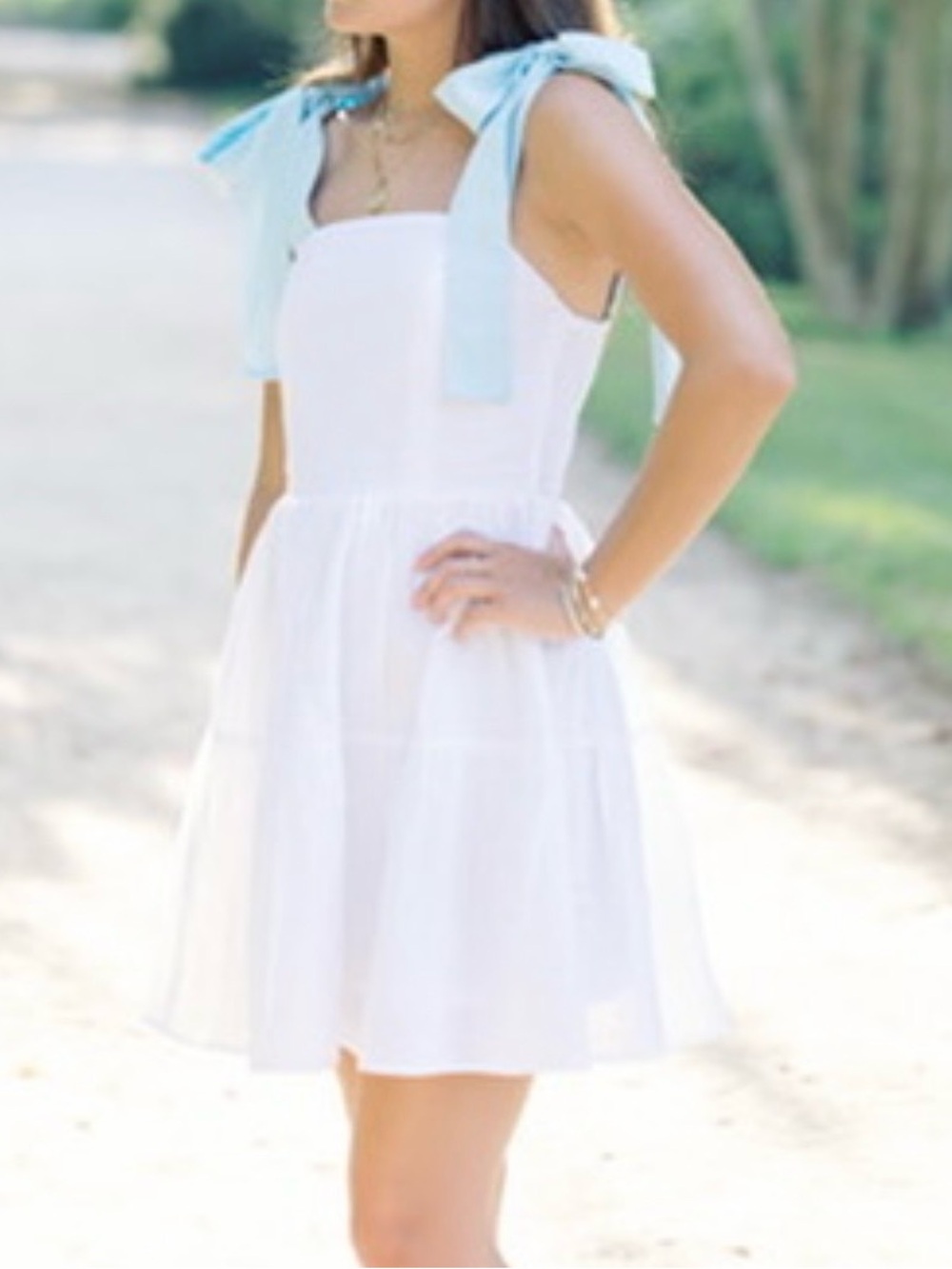 White Mini Dress with Pale Blue Tie-Strap Shoulders